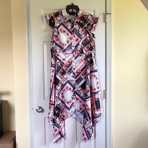 G.I.L.I. Printed Woven Button-Front Asymmetric-Hem Dress Patchwork Floral SZ 16